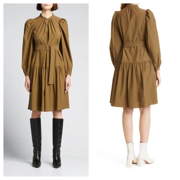 Rebecca Taylor NWT Womens 6 Knee Length Puff Sleeve Dress Dark Olive